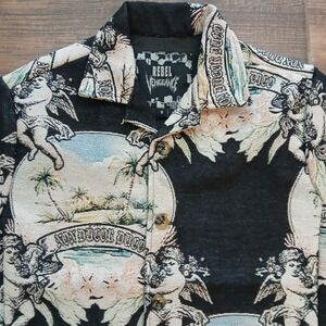 Rebel Vengeance Tapestry Shirt Mens Small Black Cherub Tropical Button Up Jacket